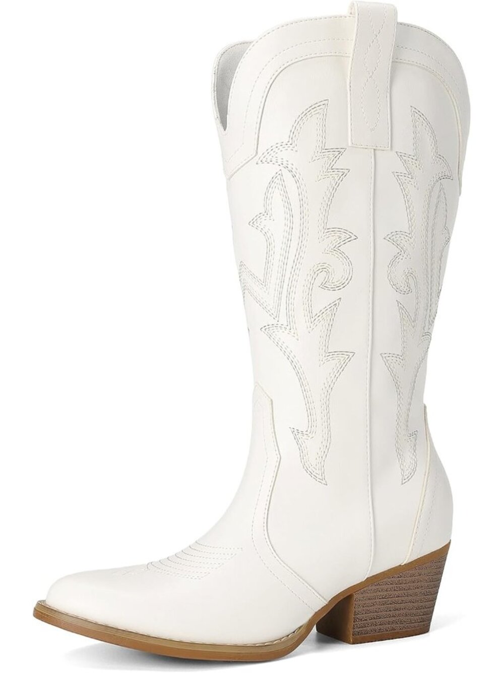 DREAM PAIRS Women's White Cowgirl Mid Calf Boots Pointed Toe Western Chunky Heel
